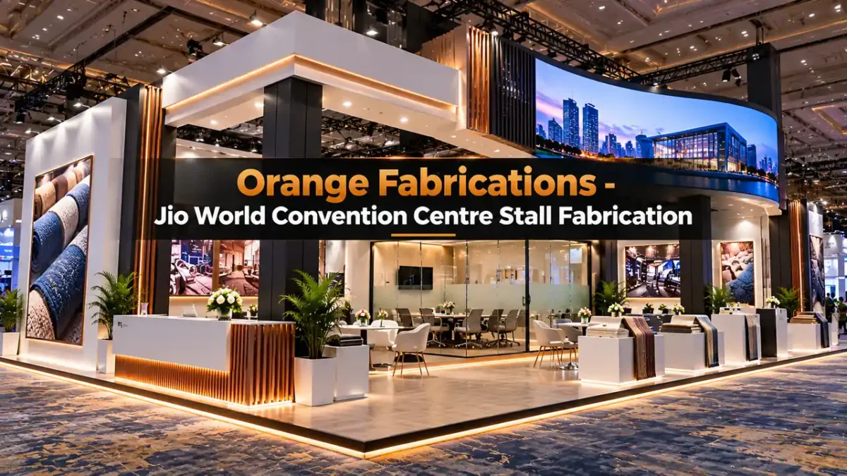 Jio World Convention Centre stall fabrication Mumbai custom luxury booth with seamless stretch fabrics and VIP meeting room at JWCC BKC