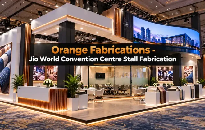 Jio World Convention Centre stall fabrication Mumbai custom luxury booth with seamless stretch fabrics and VIP meeting room at JWCC BKC