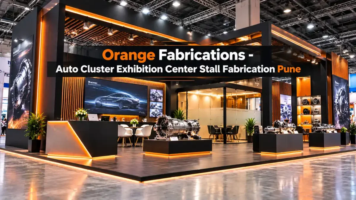 Auto Cluster Exhibition Center stall fabrication Pune custom industrial booth with CNC machinery platform and VIP meeting lounge in Chinchwad PCMC