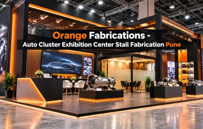 Auto Cluster Exhibition Center stall fabrication Pune custom industrial booth with CNC machinery platform and VIP meeting lounge in Chinchwad PCMC