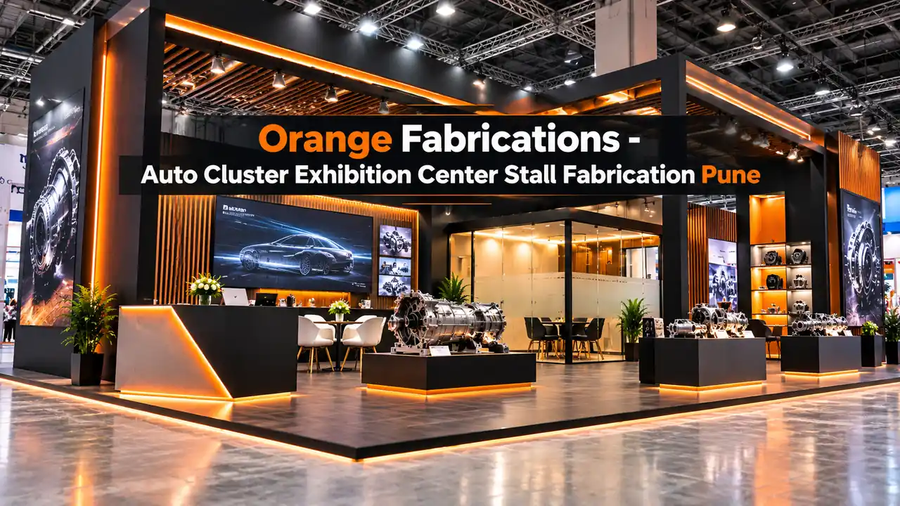 Auto Cluster Exhibition Center stall fabrication Pune custom industrial booth with CNC machinery platform and VIP meeting lounge in Chinchwad PCMC