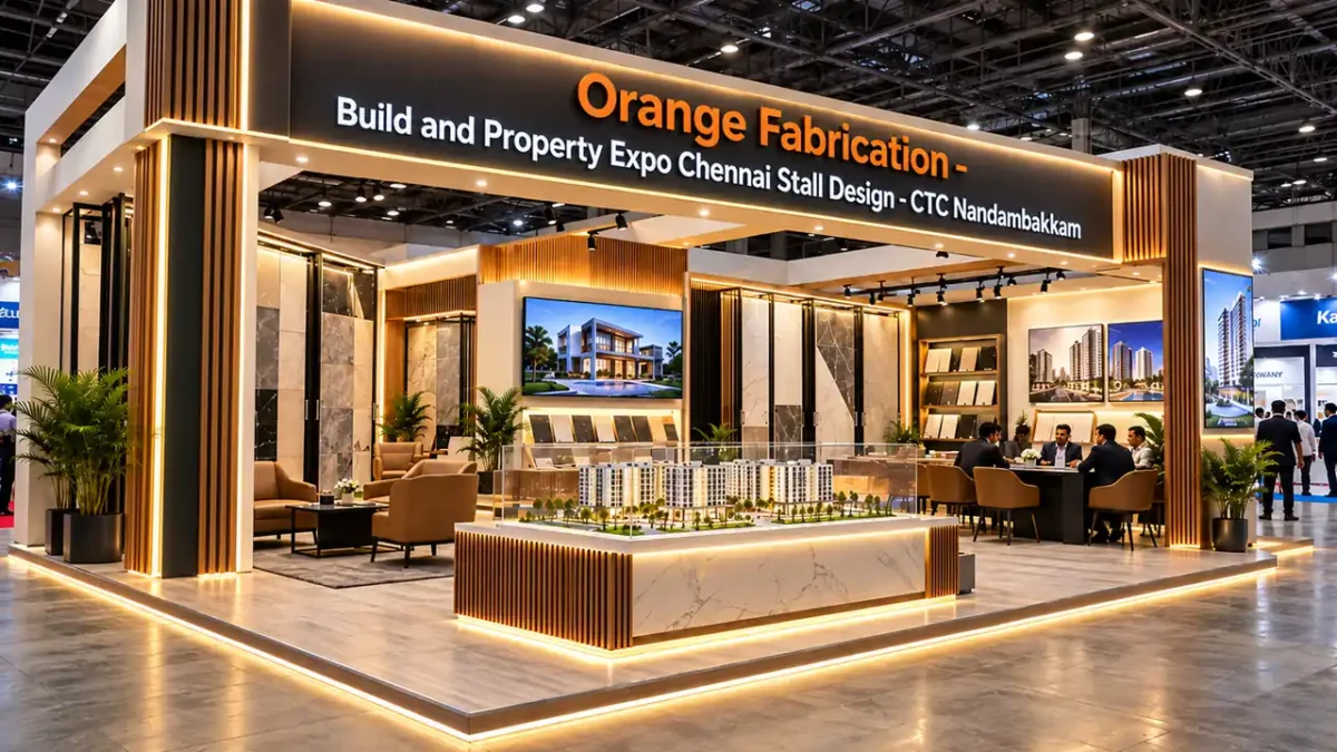 Build and Property Expo Chennai stall design featuring architectural scale model display table and luxury ceramic tile wings at Chennai Trade Centre