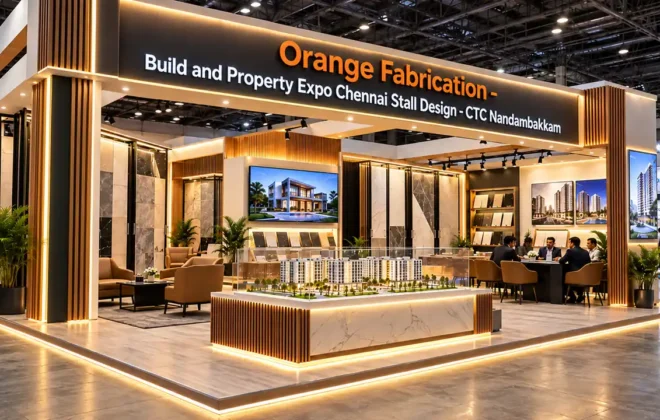 Build and Property Expo Chennai stall design featuring architectural scale model display table and luxury ceramic tile wings at Chennai Trade Centre