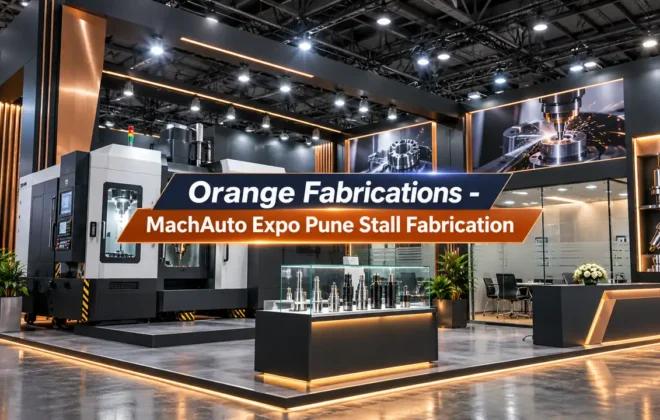 MachAuto Expo Pune stall fabrication custom machine tool booth with heavy CNC platform and VIP lounge at Auto Cluster Chinchwad