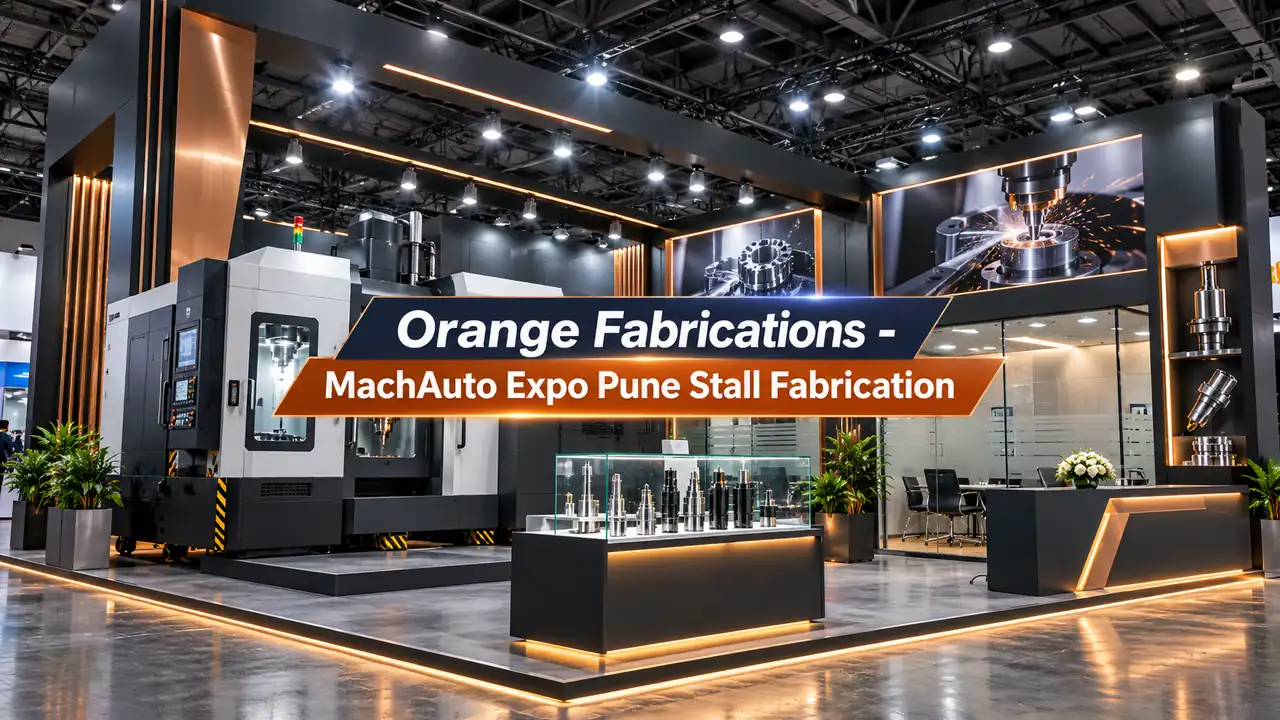 MachAuto Expo Pune stall fabrication custom machine tool booth with heavy CNC platform and VIP lounge at Auto Cluster Chinchwad