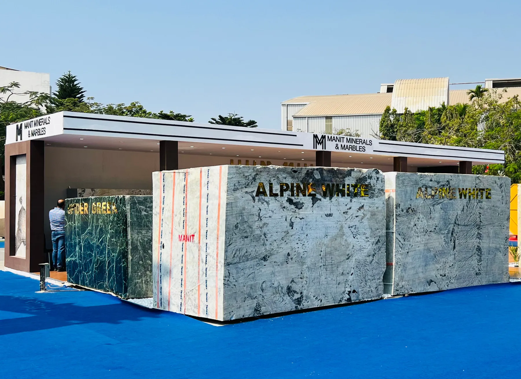 outdoor heavy load stone exhibition pavilion fabricated for Manit Minerals and Marbles at Stona BIEC Bangalore with marble block displays