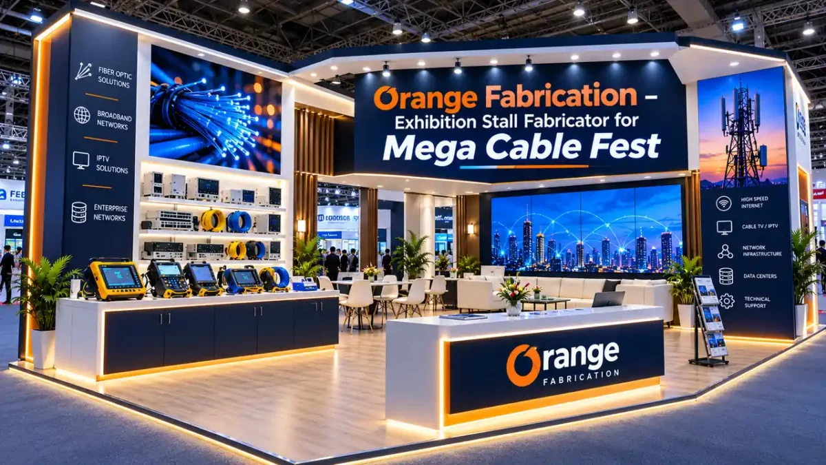 Mega Cable Fest Kerala stall design featuring fiber optic splicing test benches and IPTV digital video walls at Rajiv Gandhi Indoor Stadium Kochi