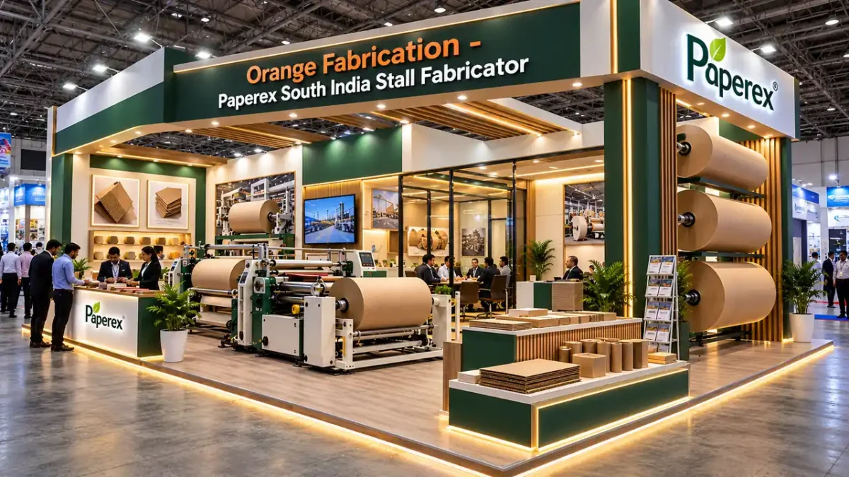 Paperex South India stall fabrication and paper machinery display stand at Chennai Trade Centre