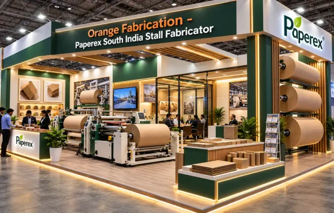 Paperex South India stall fabrication and paper machinery display stand at Chennai Trade Centre